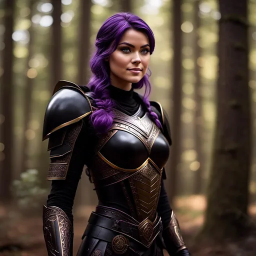 Prompt: <mymodel>25-year-old viking woman, subtle smile, light blue eyes, black gear, bright black armor, wearing an iron-man like suit of armor, black textures and highlights, standing in the forest, short focus, blurry background, unreal engine 8k octane, 3d lighting, full body, full armor