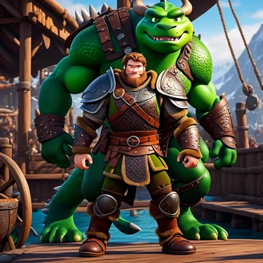 Prompt: <mymodel>Male viking warrior, thin and light muscle build, standing on the viking docks, there is a green dragon next to him, short brown hair, green eyes, green armor, brown gear, brown pants, brown boots, historical, strong and natural lighting