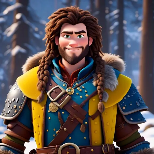 Prompt: <mymodel>CGI Animation, 20-year-old-old pirate man, a snowy scene, {{yellow gear, blue armor}}, brown hair, dreadlocks, subtle smile, beads hair, multiple braids, yellow gear, straight hair, green eyes, bracelets, rings on fingers, mercenary gear, unreal engine 8k octane, 3d lighting, close up camera shot on the face, full armor