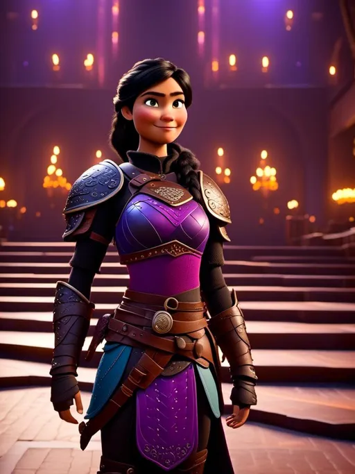 Prompt: <mymodel>CGI Animation, digital art, 20-year-old-old viking woman of royalty standing in The Great Hall on the Isle of Berk, light blue eyes, {{black gear, purple armor}}, black hair, single braid down her shoulder with a tiara, subtle smile, unreal engine 8k octane, 3d lighting, close up camera shot on the face, full armor