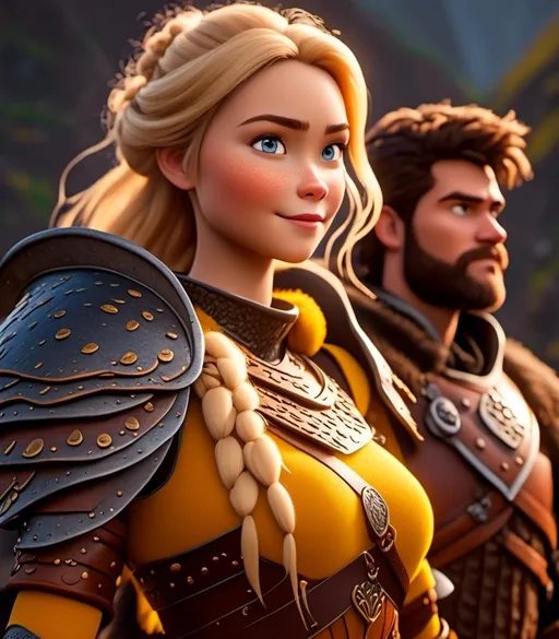 Prompt: <mymodel>CGI Animation, digital art, 20-year-old-old viking woman with light blue eyes standing with her brother and sister, yellow clothes, gold colored armor, blonde straight hair, subtle smile, unreal engine 8k octane, 3d lighting, close up camera shot on the face, full armor