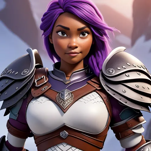 Prompt: <mymodel>Animated CGI style of a fierce ((Caucasian white)) Viking female about 25 years old, ((purple hair with a single braid)), detailed facial features, leather armor, battle axe and shield, intense and determined expression, dynamic and powerful pose, high definition, CGI, detailed armor, fierce female, Nordic designs, battle-ready, dynamic pose, professional lighting