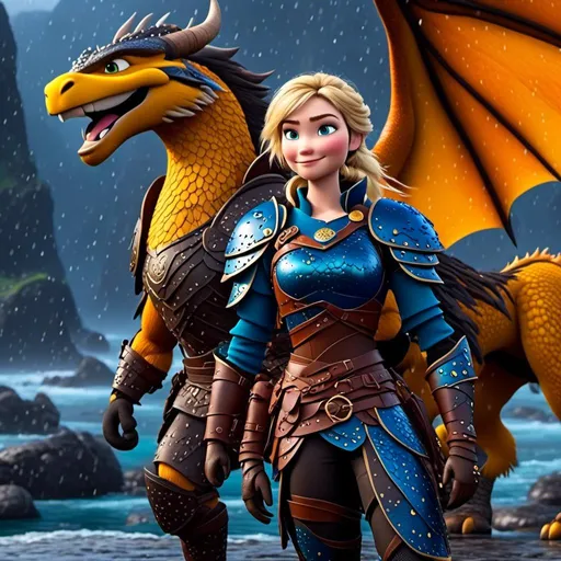 Prompt: <mymodel>CGi Animation, 20-year-old viking woman with blue eyes, a rainy scene, she is standing next to a bright blue dragon with gold highlights, they are both in the rain, the viking woman has a subtle smile, blonde hair in a ponytail style, she has blue gear, gold armor, black pants, black boots