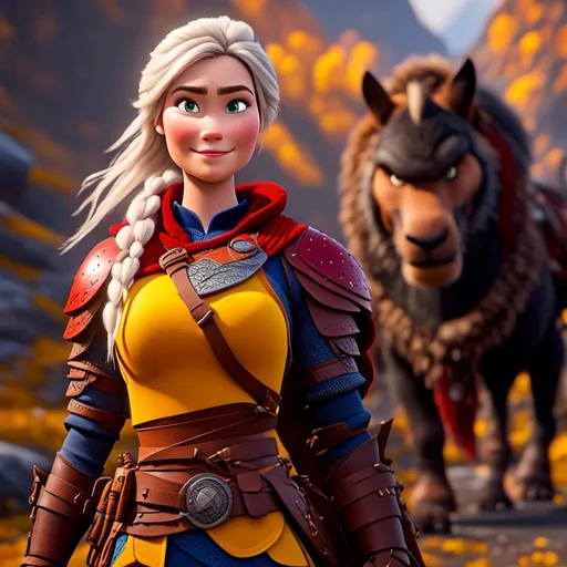 Prompt: <mymodel>CGi Animation, 20-year-old viking woman with one hair braid, subtle smile, white hair, blue eyes, blue gear, yellow armor, red clothes, yellow textures and highlights, unreal engine 8k octane, 3d lighting, full body, full armor