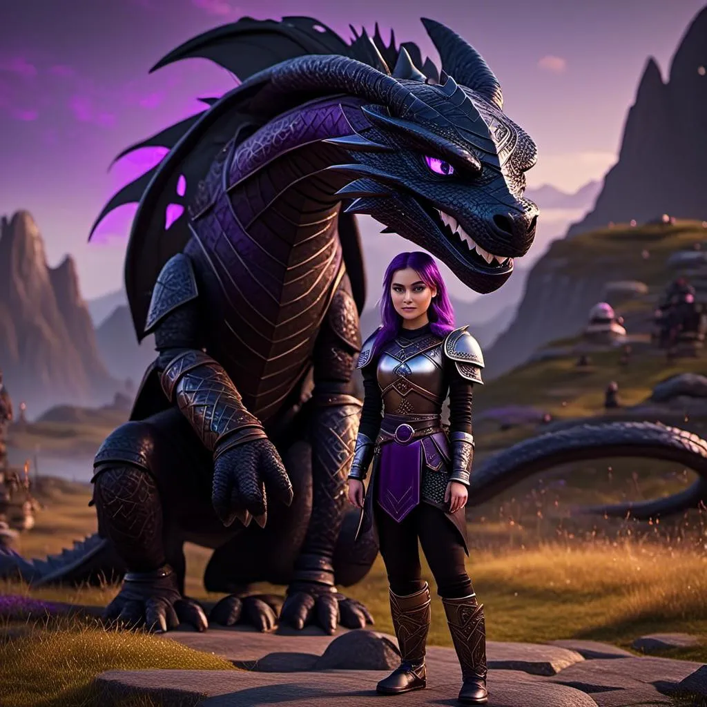 Prompt: Photo of <mymodel> standing next to her ((black)) razorwhip dragon from "How to Train Your Dragon"