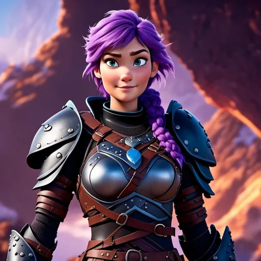 Prompt: <mymodel>CGI Animation of a viking female, purple hair in a single braid, light blue eyes, black gear and armor, intricate details, high quality, digital painting, cool tones, dramatic lighting