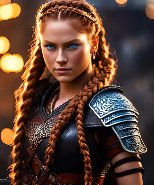 Prompt: she has red braided cornrow hair, create most beautiful fictional female viking warrior, red hair, blue eyes, brown leather battle gear, extremely detailed environment, detailed background, intricate, detailed skin, professionally color graded, photorealism, 8k, moody lighting