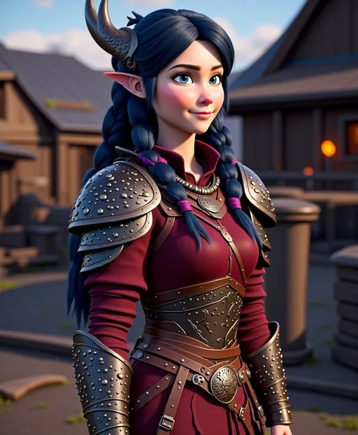 Prompt: <mymodel>CGI Animation, digital art, 20-year-old-old viking woman with violet eyes, Dark red Long sleeve shirt, skirt with dragon teeth on it, wears the snow wraith hood, ((dark dark blue hair with teal, pink and purple streaks)), standing in a viking village, subtle smile, unreal engine 8k octane, 3d lighting, close up camera shot on the face, full armor