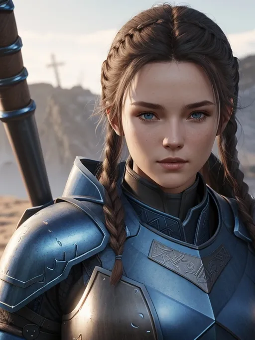 Prompt: Digital art, 18-year-old viking woman, blue gear, blue clothes, dark blue armor, brunette hair, two braids behind her back, dark brown eyes, unreal engine 8k octane, 3d lighting, full body, full armor