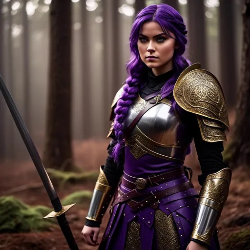 Prompt: Photo of <mymodel> with an angry look with her sword, she is standing in the forest