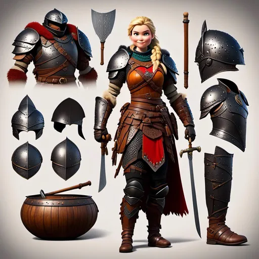 Prompt: digital art if <mymodel>, 27-year-old modest Young woman viking, blonde hair, black pants, Quite well-built and lean muscled, has two iron pans as weapons, assassin's creed Valhalla armor, orange armor, orange gear, Green-gold eyes, very short curly blonde hair, full body, full armor, unreal engine 8k octane, 3d lighting