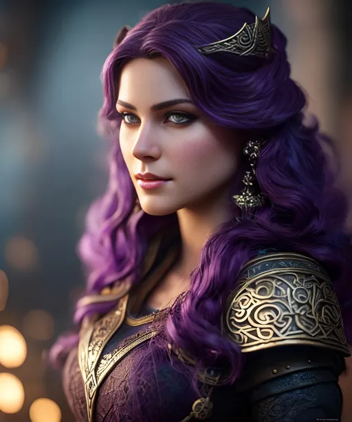 Prompt: create most beautiful fictional female viking princess, (((dark purple hair))), commanding her citizens, extremely detailed environment, detailed background, intricate, detailed skin, professionally color graded, photorealism, 8k, moody lighting