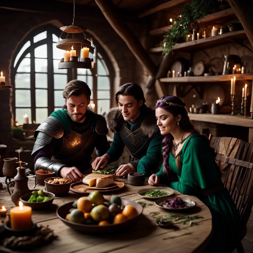 Prompt: Photo of a young <mymodel> setting the supper table with her husband a young Jarl Mollerson with green clothes short brown hair and no beard in their viking house