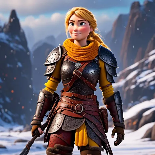 Prompt: <mymodel>CGi Animation, 25-year-old viking woman warrior with yellow eyes, a snowy scene, the viking woman has a subtle smile, hazel color hair, she has dark yellow gear, orange armor with bursts of red textured splotches, black pants, black boots