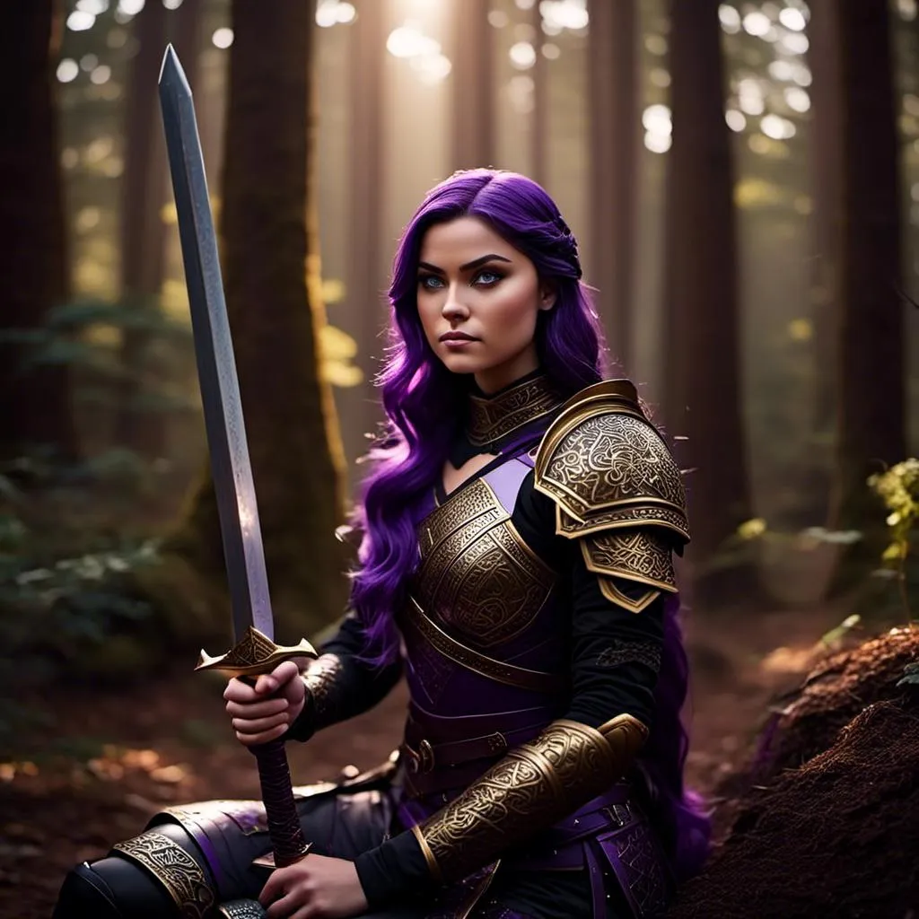 Prompt: Photo of <mymodel> with an intense look with her sword, she is standing in the forest