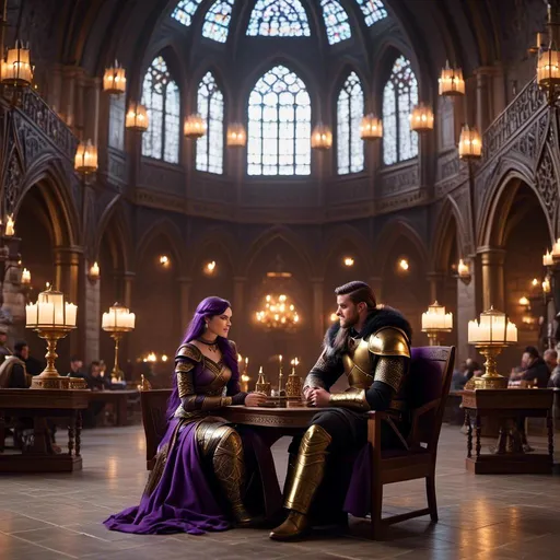 Prompt: Photo of a young <mymodel> sitting at the in The Great Hall discussing politics with her husband a young Jarl Mollerson, he has short brown hair and no beard