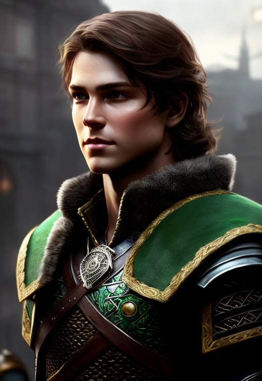 Prompt: he has short brown hair, slight smile, create most handsome fictional male prince viking warrior, short brown hair, light green eyes, extremely detailed environment, detailed background, intricate, detailed skin, professionally color graded, photorealism, 16k, moody lighting