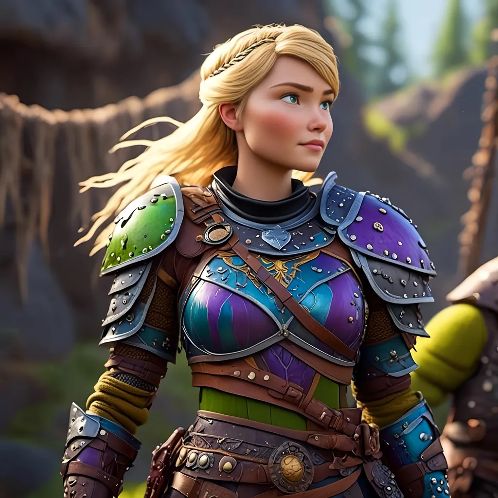 Prompt: <mymodel>CGI Animation of female viking, blonde straight hair, blue eyes, bright purple and green armor, yellow highlights dor gear and textures, full light body armor, standing in a viking village, intricate details, high quality, digital painting, cool tones, dramatic lighting