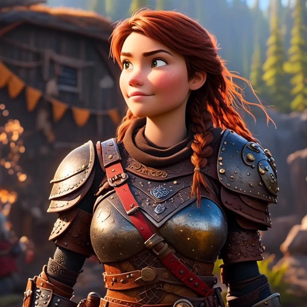 Prompt: <mymodel>CGI Animation of a viking female, brown hair in her face, hazel eyes, bright red gear and armor, yellow highlights and textures, standing in a viking village, intricate details, high quality, digital painting, cool tones, dramatic lighting