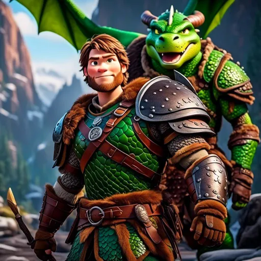 Prompt: <mymodel>Male viking warrior, thin and light muscle build, there is a large green dragon next to him, the male viking is petting his green dragon, short brown hair, green eyes, green armor, brown gear, brown pants, brown boots, historical, strong and natural lighting