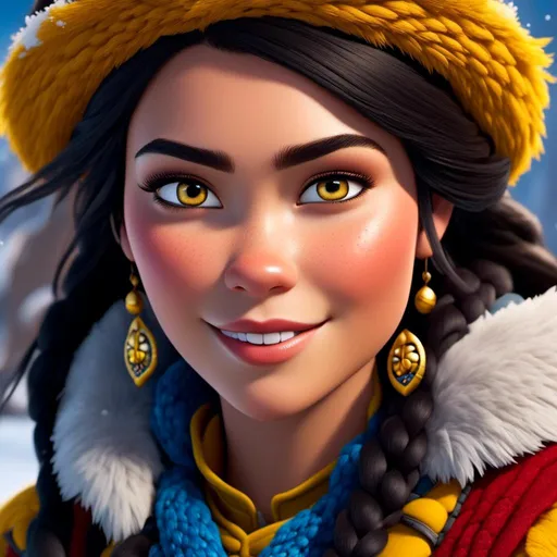 Prompt: <mymodel>CGI Animation, close-up portrait of the face, 20-year-old-old pirate viking woman sitting on a snow bank, a snowy scene, {{yellow gear, blue armor}}, black hair, an updo style of hair pulled back into a braid, subtle smile, beads hair, small red earrings, multiple braids, yellow gear, straight hair, green eyes, bracelets, rings on fingers, mercenary gear, unreal engine 8k octane, 3d lighting, close up camera shot on the face, full armor