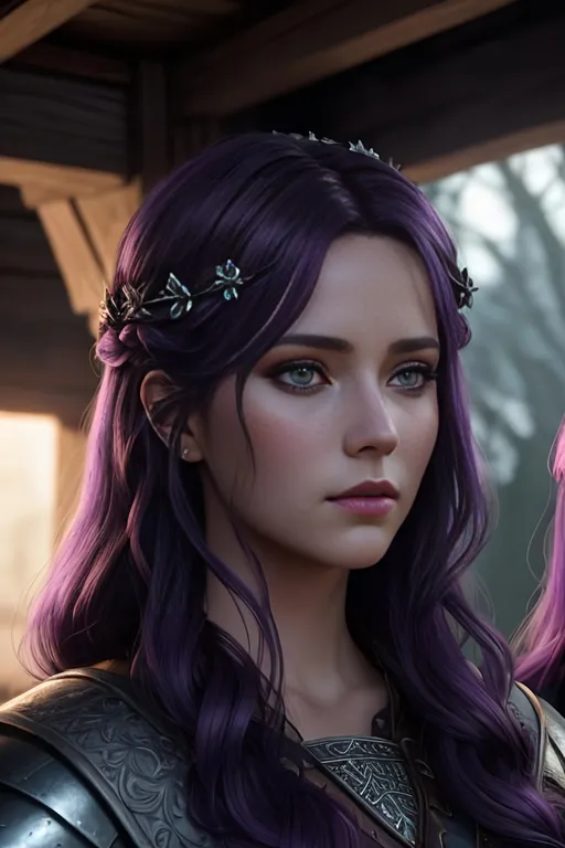 Prompt: create 2 of the most beautiful fictional female viking princesses one with dark purple hair and the other with black hair, an extremely detailed environment, detailed background, intricate, detailed skin, professionally color graded, photorealism, 8k, moody lighting