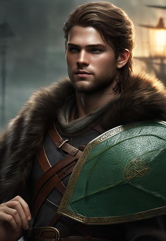 Prompt: he has short brown hair, create most handsome fictional male viking warrior, short brown hair, light green eyes, extremely detailed environment, detailed background, intricate, detailed skin, professionally color graded, photorealism, 16k, moody lighting