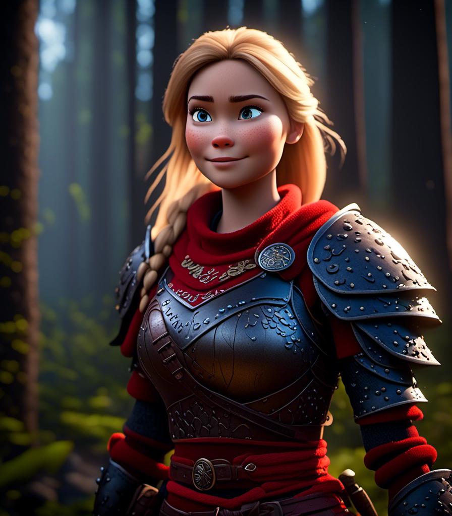 Prompt: <mymodel>CGI Animation, digital art, 20-year-old-old viking woman with light blue eyes standing in a dimly lit forest, blue clothes, red colored armor, blonde straight hair, subtle smile, unreal engine 8k octane, 3d lighting, cinematic lighting, camera shot of full armor from head to toe