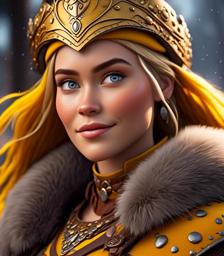 Prompt: <mymodel>CGI Animation, digital art, 20-year-old-old viking woman with light blue eyes, yellow mask over her eyes, yellow clothes, gold colored armor, blonde straight hair, subtle smile, unreal engine 8k octane, 3d lighting, full armor