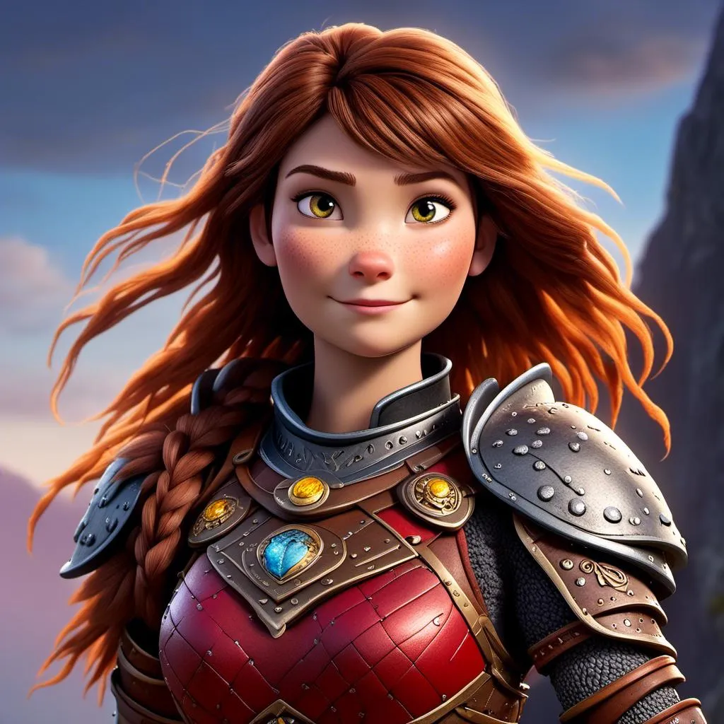 Prompt: <mymodel>CGI Animation of a viking female, brown hair, hazel eyes, bright red gear and armor, yellow highlights and textures, intricate details, high quality, digital painting, cool tones, dramatic lighting