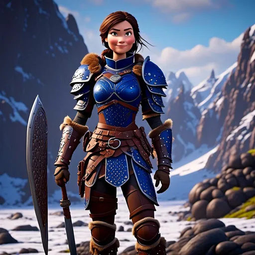 Prompt: <mymodel>Digital art, 18-year-old viking woman, subtle smile, cobalt blue gear, cobalt blue armor, brunette hair, two braids, dark brown eyes, unreal engine 8k octane, 3d lighting, full body, full armor