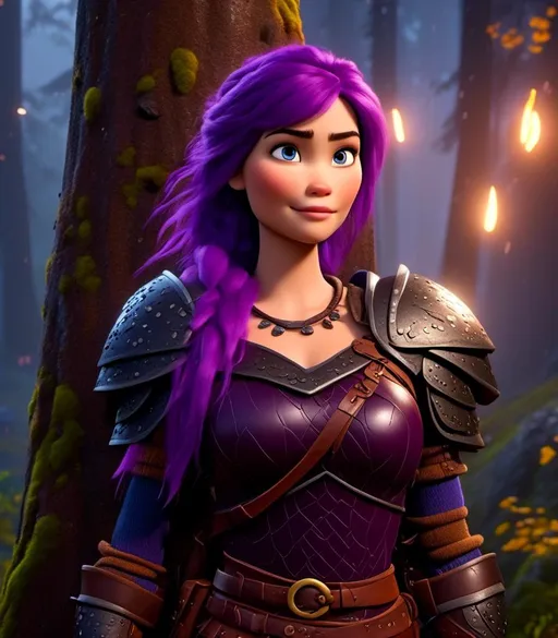 Prompt: <mymodel>CGI Animation, digital art, 20-year-old-old viking woman with light blue eyes, it is raining, she is of royalty standing at night next to a tree with her hands resting on the bark, she is in a dimly lit thick forest with trees everywhere, dense fog, {{black gear, purple armor}}, purple hair, single braid down her shoulder with a tiara, subtle smile, unreal engine 8k octane, 3d lighting, close up camera shot on the face, full armor