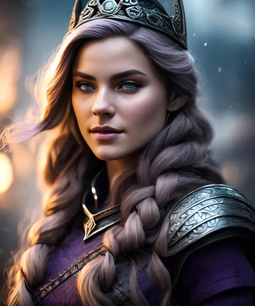 Prompt: create most beautiful fictional female viking princess, (((dark purple hair))), commanding her citizens, extremely detailed environment, detailed background, intricate, detailed skin, professionally color graded, photorealism, 8k, moody lighting
