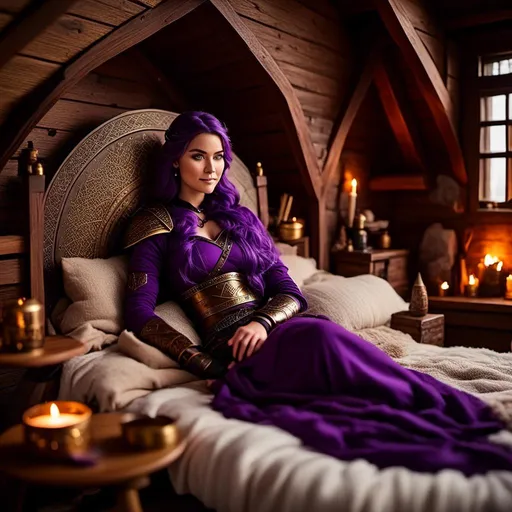 Prompt: Photo of <mymodel> lying down on her bed in her viking house