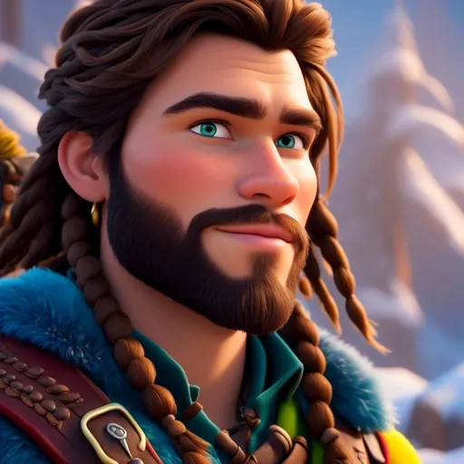 Prompt: <mymodel>CGI Animation, close-up portrait of the face, 20-year-old-old pirate man, sitting on a snow bank, a snowy scene, {{yellow gear, blue armor}}, brunette hair, dreadlocks, subtle smile, beads hair, small red earrings, multiple braids, yellow gear, straight hair, green eyes, bracelets, rings on fingers, mercenary gear, unreal engine 8k octane, 3d lighting, close up camera shot on the face, full armor