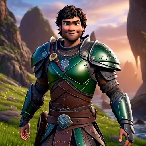 Prompt: <mymodel>Animated CGI style of a fierce ((Caucasian Viking male)) with medium length wavy black hair, joyous gaze, black gear and green armor, realistic clothing textures, high quality, CGI, realistic, viking, male, Caucasian, detailed facial features, highres, professional, intense lighting