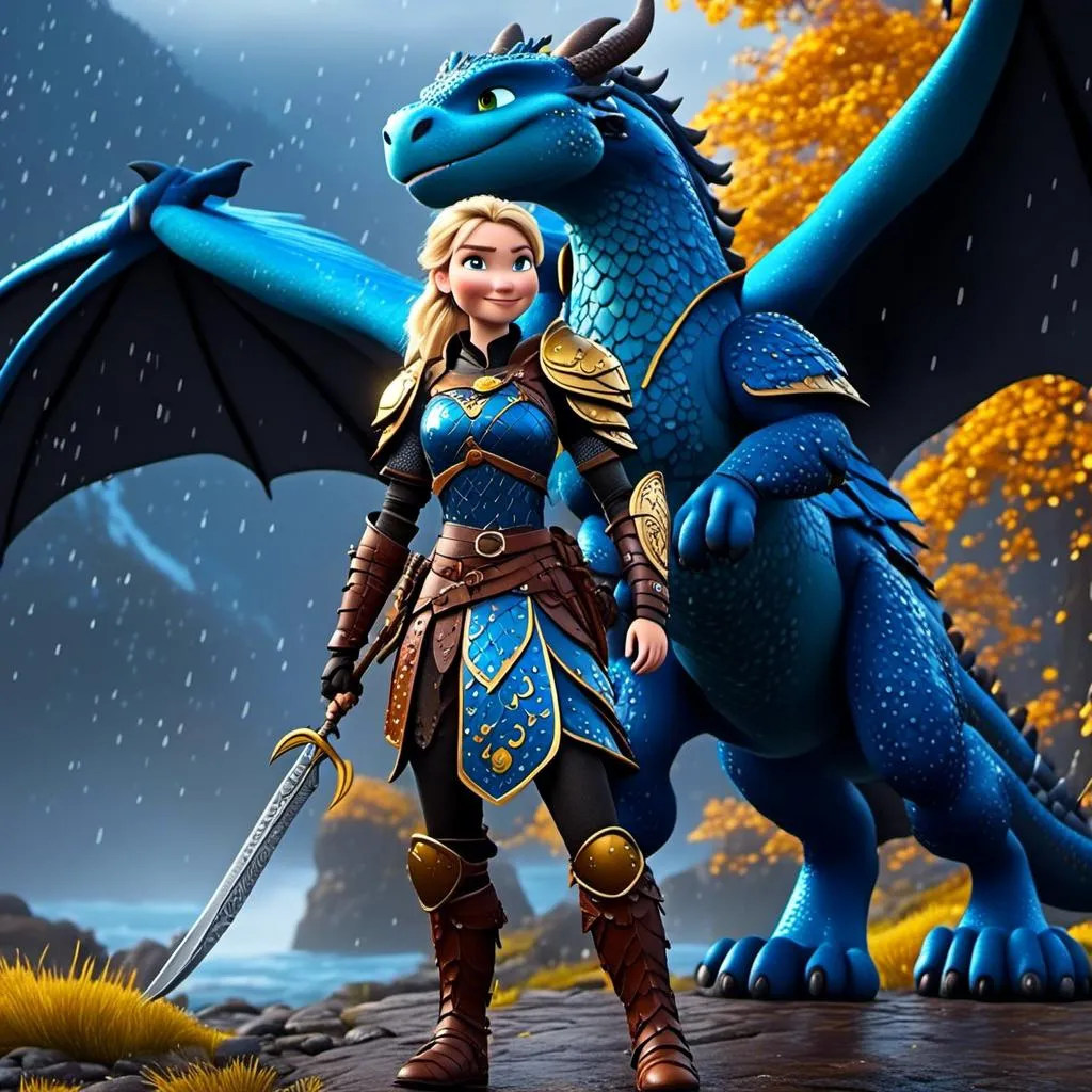 Prompt: <mymodel>CGi Animation, 20-year-old viking woman with blue eyes, a rainy scene, she is standing next to a bright blue dragon with gold highlights, they are both in the rain, the viking woman has a subtle smile, blonde hair in a ponytail style, she has blue gear, gold armor, black pants, black boots