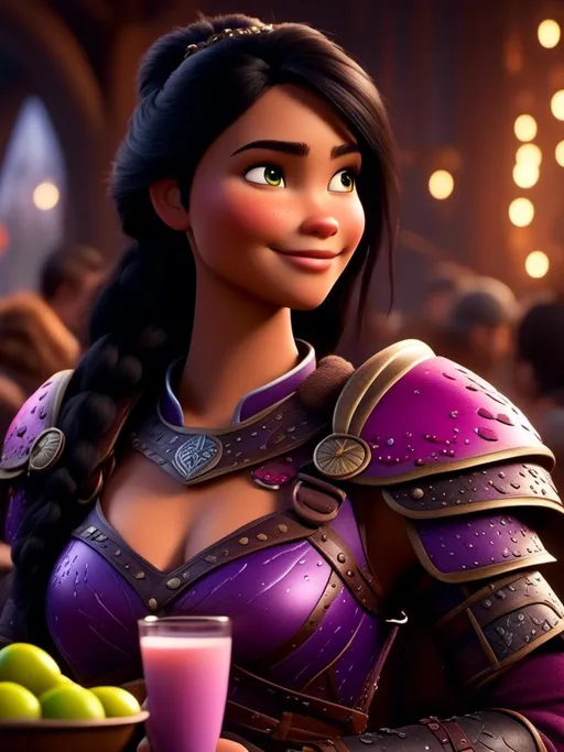 Prompt: <mymodel>CGI Animation, digital art, 20-year-old-old viking woman of royalty standing a busy tavern having a drink of milk, {{purple gear, pink armor}}, black hair, straight hair with a tiara, subtle smile, unreal engine 8k octane, 3d lighting, close up camera shot on the face, full armor