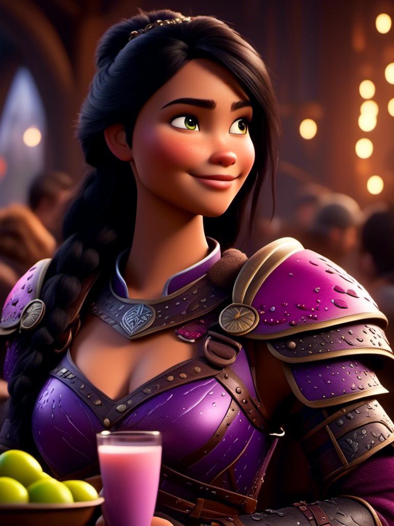 Prompt: <mymodel>CGI Animation, digital art, 20-year-old-old viking woman of royalty standing a busy tavern having a drink of milk, {{purple gear, pink armor}}, black hair, straight hair with a tiara, subtle smile, unreal engine 8k octane, 3d lighting, close up camera shot on the face, full armor