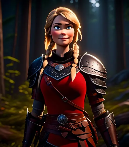 Prompt: <mymodel>CGI Animation, digital art, 20-year-old-old viking woman with light blue eyes standing in a dimly lit forest, blue assassin's creed clothes, red colored armor, blonde straight hair, subtle smile, unreal engine 8k octane, 3d lighting, cinematic lighting, camera shot of full armor from head to toe