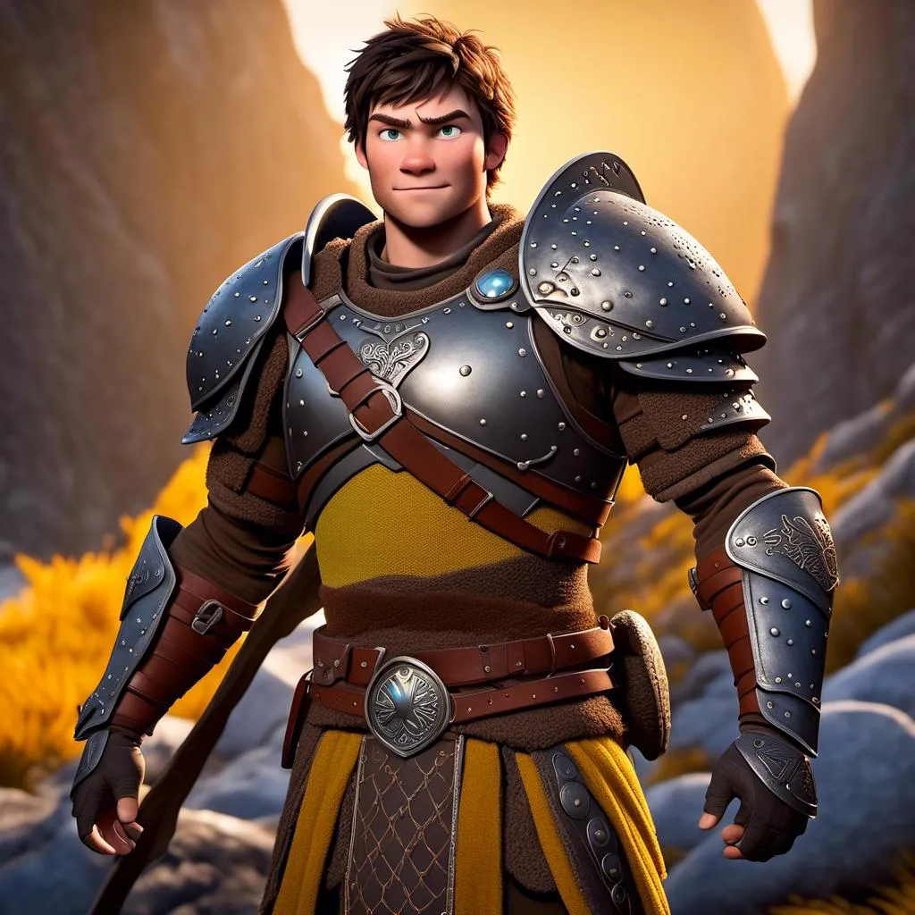 Prompt: <mymodel>Animated CGI style of a fierce 24-year-old Caucasian Viking with dark hair, light body build, intense gaze, realistic (yellow light armor) with highlights of orange textures, high quality, CGI, realistic, intense gaze, viking, male, Caucasian, detailed facial features, highres, professional, intense lighting