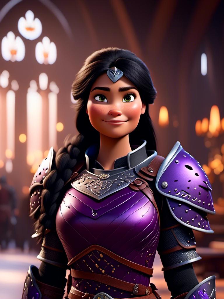Prompt: <mymodel>CGI Animation, digital art, 20-year-old-old viking woman of royalty standing in The Great Hall on the Isle of Berk, {{black gear, purple armor}}, black hair, straight hair with a tiara, subtle smile, unreal engine 8k octane, 3d lighting, close up camera shot on the face, full armor