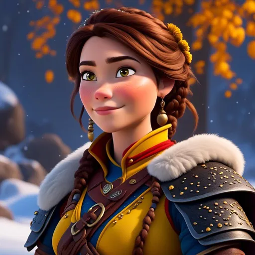 Prompt: <mymodel>CGI Animation, close-up portrait of the face, 20-year-old-old pirate woman sitting on a snow bank, a snowy scene, {{yellow gear, blue armor}}, brunette hair, an updo style of hair with a faded buzz cut on the side of the head, subtle smile, beads hair, small red earrings, multiple braids, yellow gear, straight hair, green eyes, bracelets, rings on fingers, mercenary gear, unreal engine 8k octane, 3d lighting, close up camera shot on the face, full armor