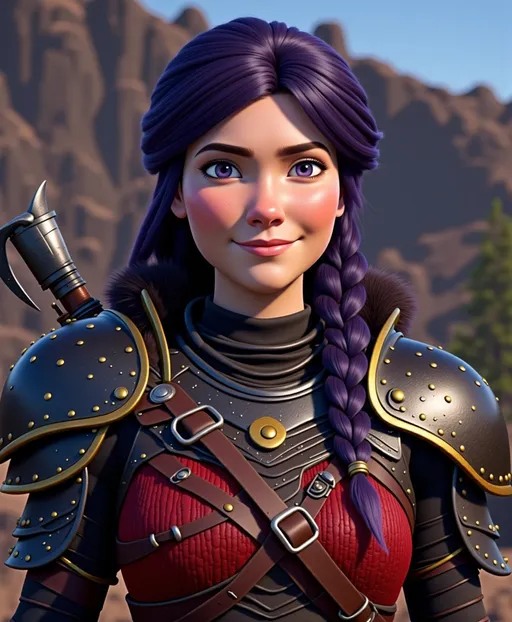 Prompt: <mymodel>CGI Animation, digital art, 20-year-old-old viking woman with violet eyes, Dark red Long sleeve shirt, skirt with dragon teeth on it, wears the snow wraith hood, ((dark dark blue hair with teal, pink and purple streaks)), fighting against another viking warrior in a sword battle with Annabeth who has purple hair with black and gold armor in the training ring, subtle smile, unreal engine 8k octane, 3d lighting, close up camera shot on the face, full armor