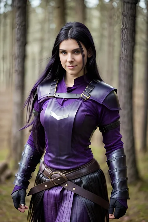 Prompt: Digital Art, 25-year-old viking woman, purple gear, purple clothes, subtle smile, black straight hair, dark purple eyes, a dark purple long-sleeve shirt, textured skirt down to knees, dark purple pants, dark purple armor, long black hair with volume, middle part in hair, leather boots, dark purple gear, unreal engine 64k octane, hdr, 3d lighting, full body, full armor