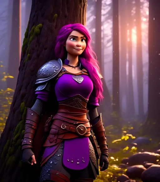 Prompt: <mymodel>CGI Animation, digital art, 20-year-old-old viking woman with light blue eyes, it is raining, she is of royalty standing at night next to a tree with her hands resting on the bark, she is in a dimly lit thick forest with trees everywhere, dense fog, {{black gear, purple armor}}, purple hair, single braid down her shoulder with a tiara, subtle smile, unreal engine 8k octane, 3d lighting, close up camera shot on the face, full armor