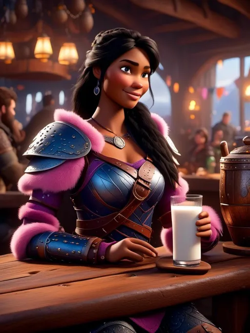 Prompt: <mymodel>CGI Animation, digital art, 20-year-old-old viking woman of royalty standing a busy tavern having a drink of milk, {{pink gear, blue armor}}, black hair, straight hair with a tiara, subtle smile, unreal engine 8k octane, 3d lighting, close up camera shot on the face, full armor