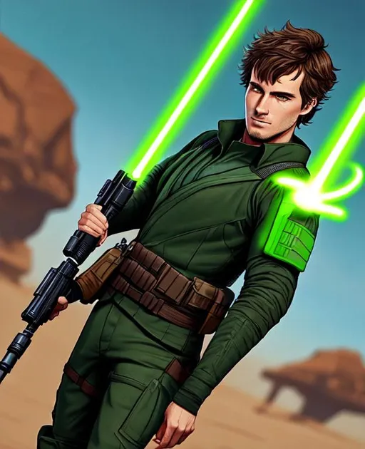 Prompt: Digital Art, 26-year-old man on Lothal in Star Wars, green lightsaber, green eyes, short brown hair, star wars pilot, green gear, gear armor, tactical belt, long sleeve shirt, brown pants, unreal engine 8k octane, full body, full gear