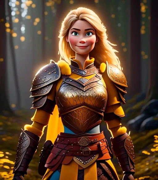 Prompt: <mymodel>CGI Animation, digital art, 20-year-old-old viking woman with light blue eyes standing in a dimly lit forest, yellow clothes, gold colored armor, blonde straight hair, subtle smile, unreal engine 8k octane, 3d lighting, full armor