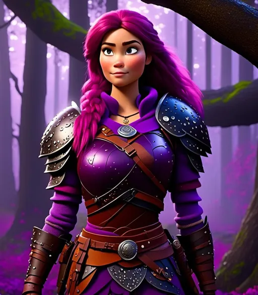 Prompt: <mymodel>CGI Animation, digital art, 20-year-old-old viking woman with light blue eyes, it is raining, she is of royalty standing at night next to a tree with her hands resting on the bark, she is in a dimly lit thick forest with trees everywhere, dense fog, {{black gear, purple armor}}, purple hair, single braid down her shoulder with a tiara, subtle smile, unreal engine 8k octane, 3d lighting, close up camera shot on the face, full armor